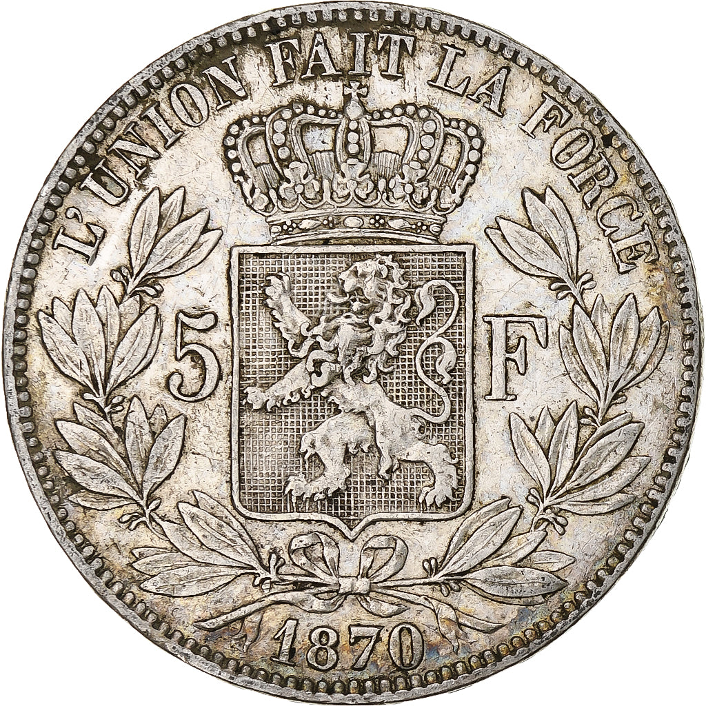 Coin, Belgium, Leopold II, 5 Francs, 5 Frank, 1870, Brussels, EF(40-45), Silver