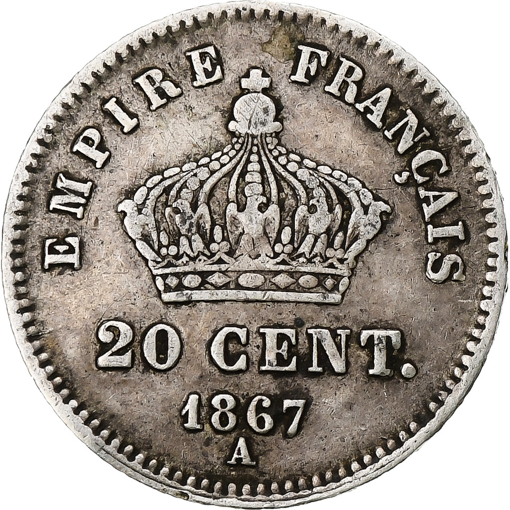 Francia, Napoleon III, 20 Centimes, 1867, Paris, MB, Argento, KM:808.1