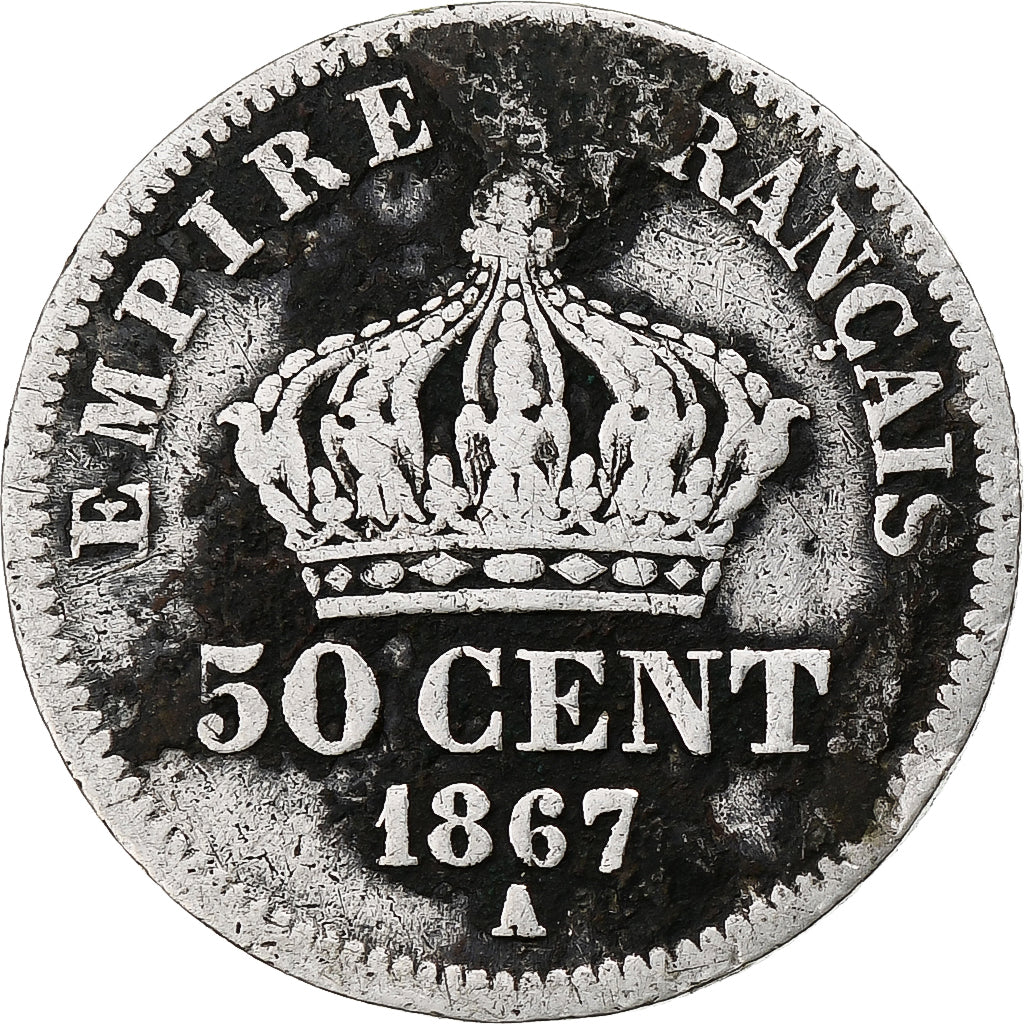 Francia, Napoleon III, 50 Centimes, 1867, Paris, BC, Plata, KM:814.1