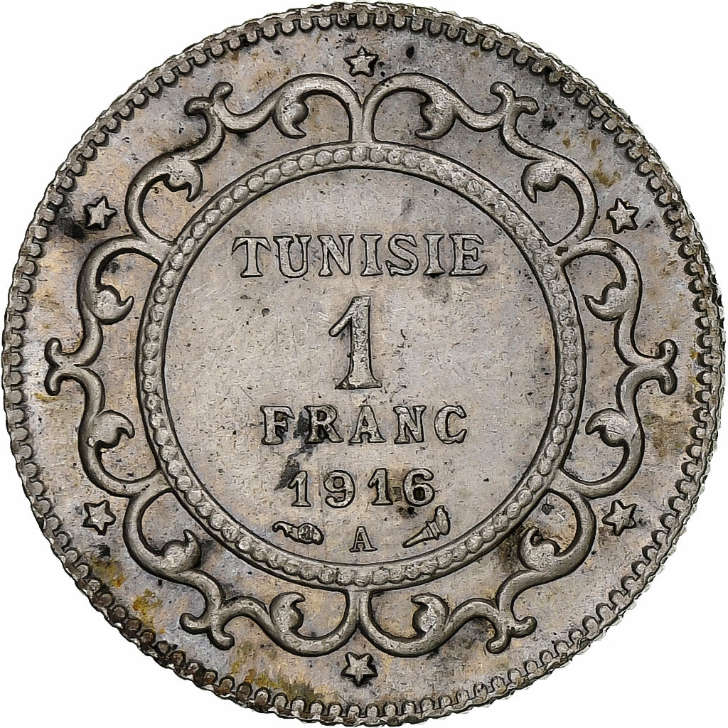Tunisie, Muhammad al-Nasir Bey, Franc, 1916, Paris, SUP, Argent, KM:238