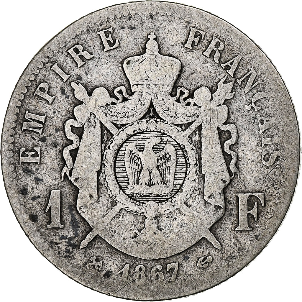 Frankrijk, Napoleon III, Napoléon III, Franc, 1867, Bordeaux, ZG+, Zilver