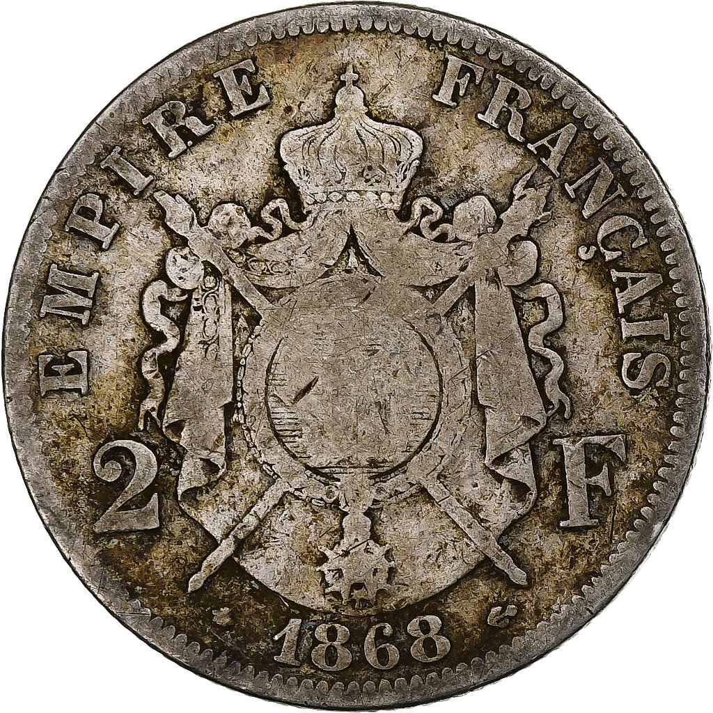 Francia, Napoleon III, 2 Francs, 1868, Paris, Argento, B+, Gadoury:527, Le