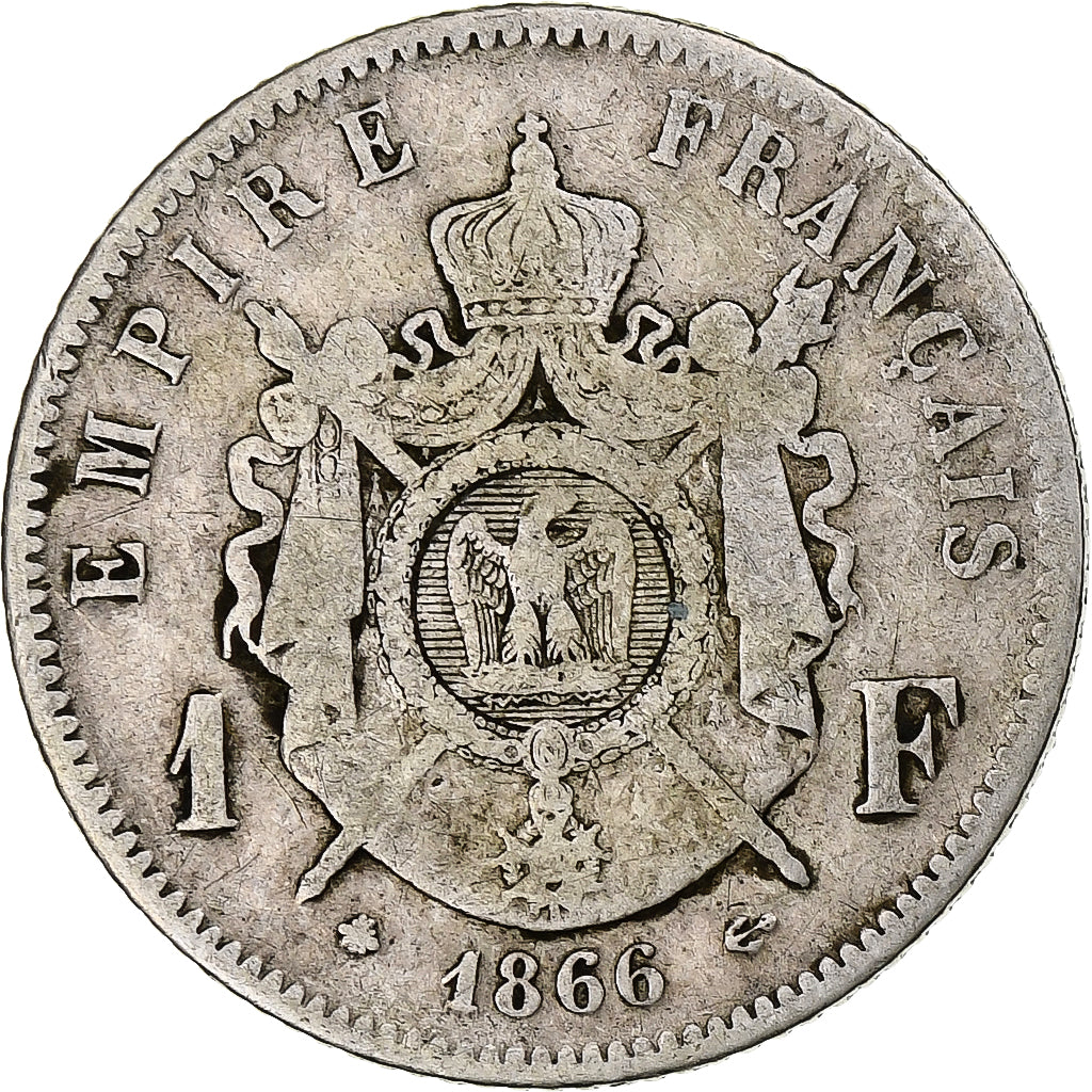 França, Napoleon III, Franc, 1866, Paris, Prata, VF(20-25), Gadoury:463
