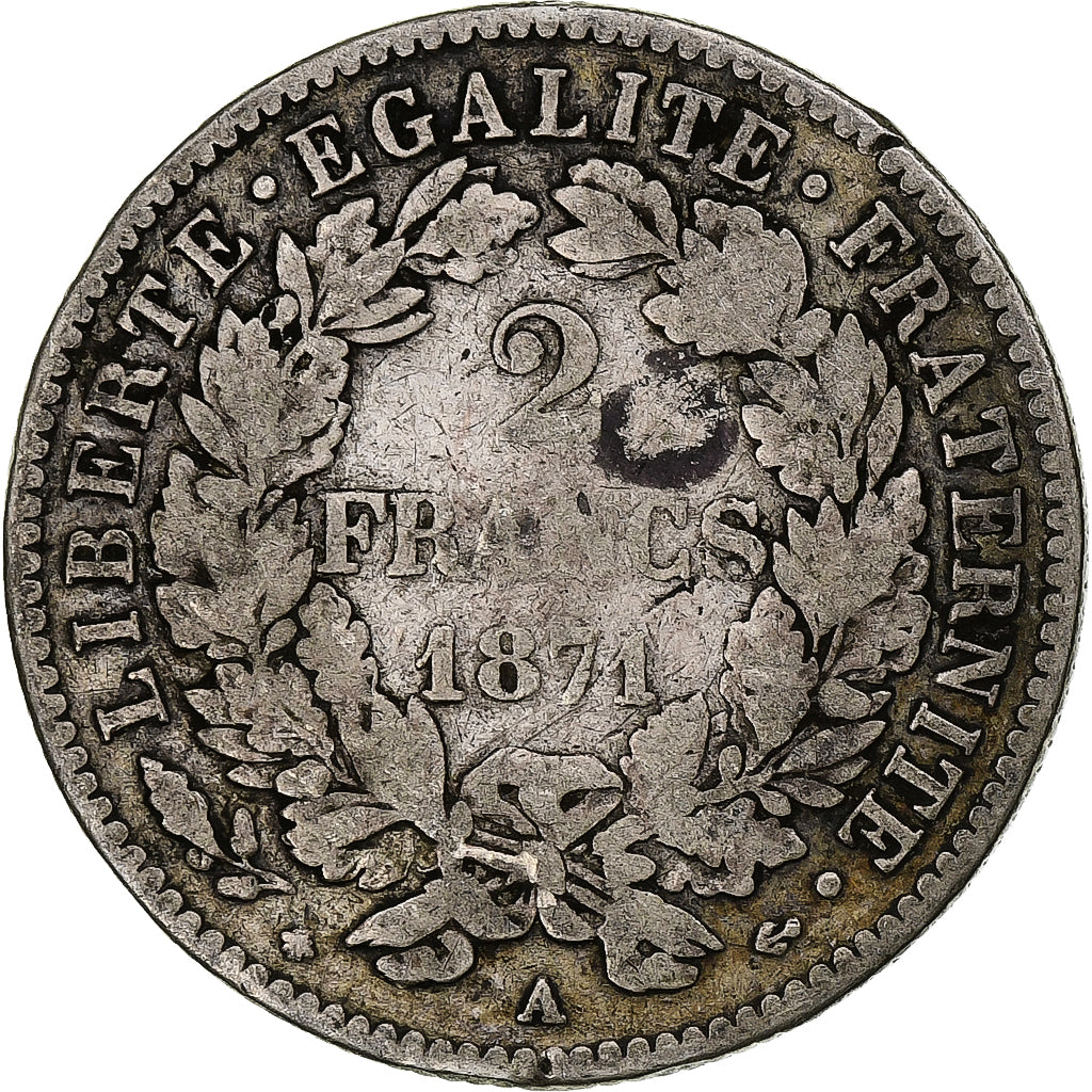 Frankreich, 2 Francs, Cérès, 1871, Paris, Petit A, Silber, S, Gadoury:530, Le