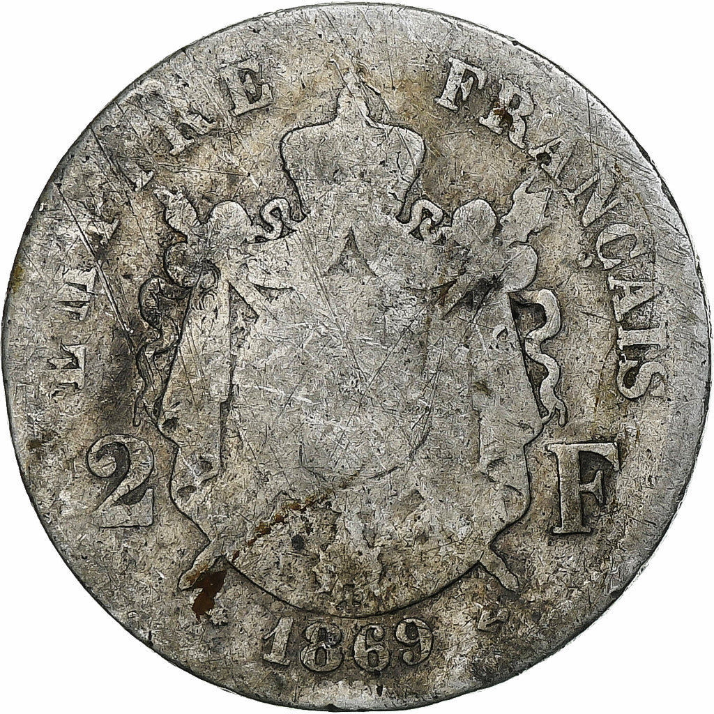 França, Napoleon III, 2 Francs, 1869, Paris, Prata, VG(8-10), Le Franc:F.263