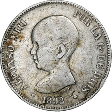 España, Alfonso XIII, 5 Pesetas, 1892, Madrid, Plata, BC+, KM:689