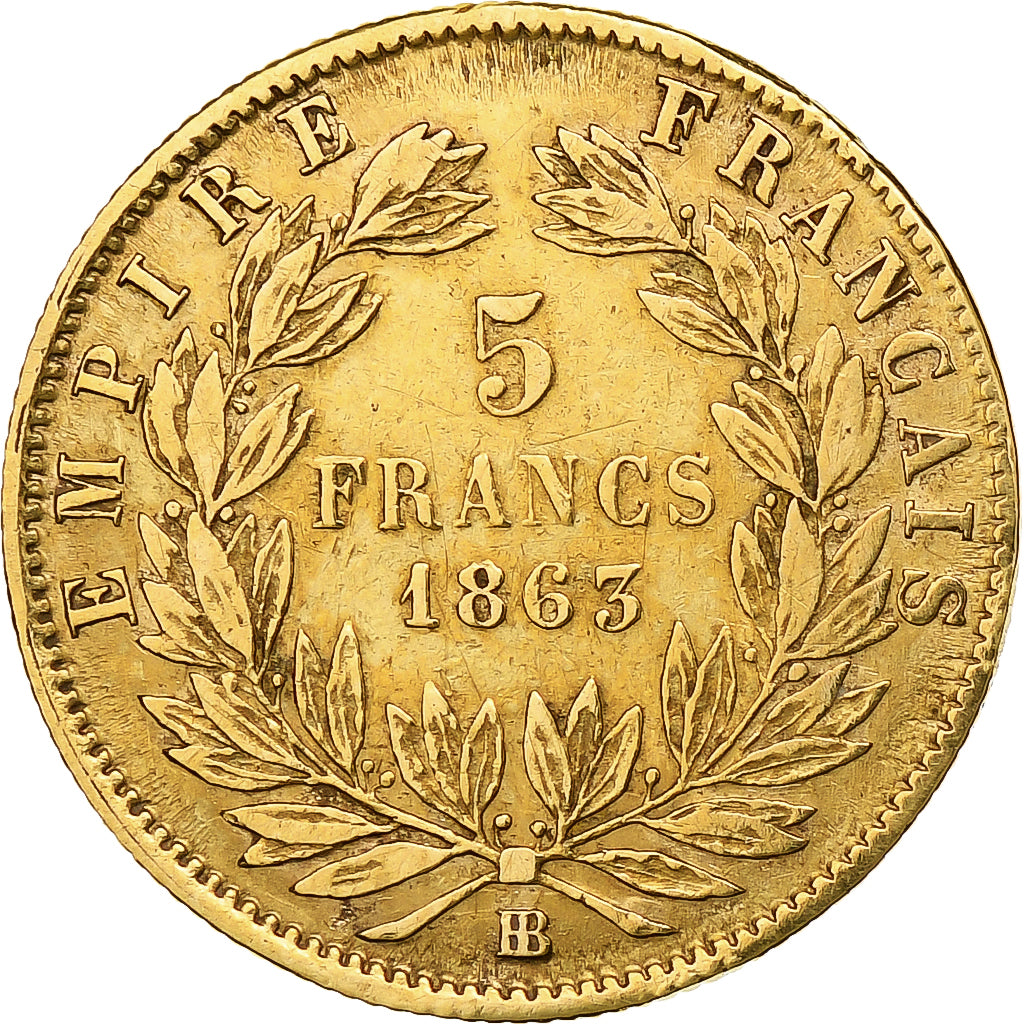 Francia, Napoleon III, 5 Francs, 1863, Strasbourg, Oro, MBC, Gadoury:1002, Le