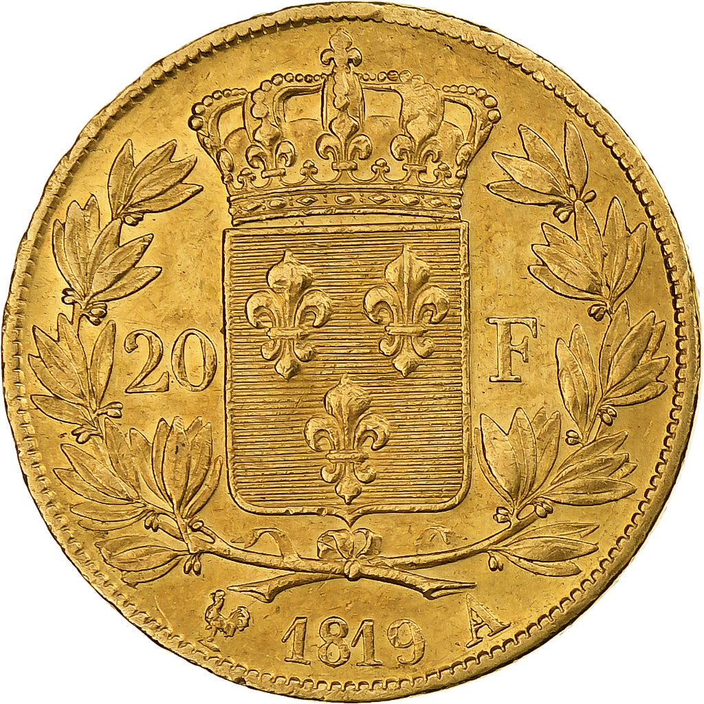 França, Louis XVIII, 20 Francs, 1819, Paris, Dourado, AU(55-58), Gadoury:1028