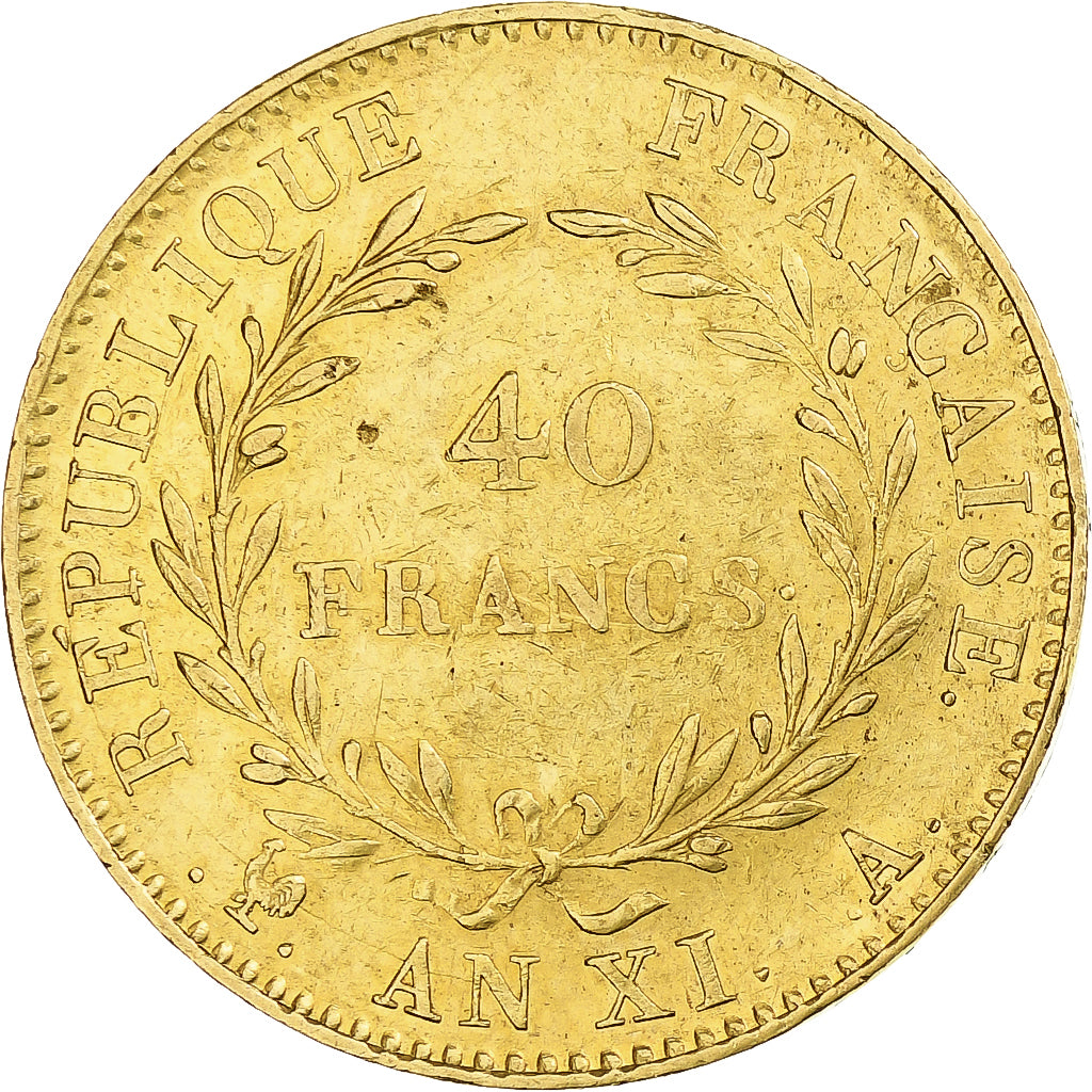 France, 40 Francs, Napoléon I, An XI, Paris, Avec olive, Or, TTB, Gadoury:1080