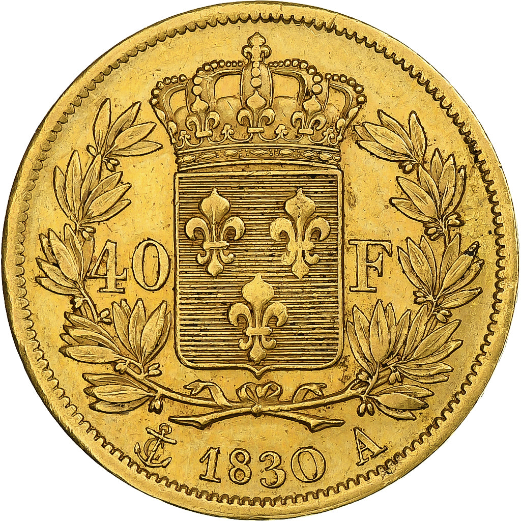 França, 40 Francs, Charles X, 1830, Paris, Dourado, AU(50-53), Gadoury:1105, Le