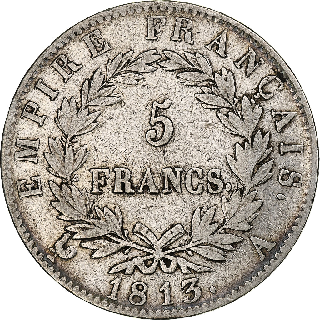 França, Napoleon I, 5 Francs, 1813, Paris, Prata, VF(20-25), Gadoury:584, Le
