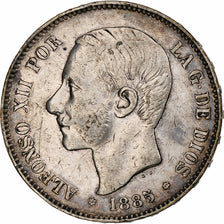 Espanha, Alfonso XII, 5 Pesetas, 1885, Madrid, Prata, EF(40-45), KM:688