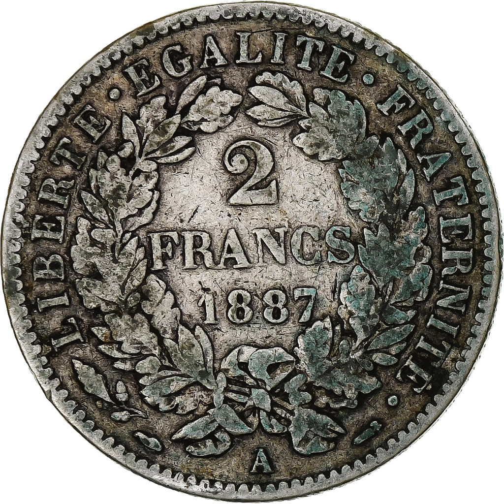 França, 2 Francs, Cérès, 1887, Paris, Prata, VF(20-25), Gadoury:530a, Le