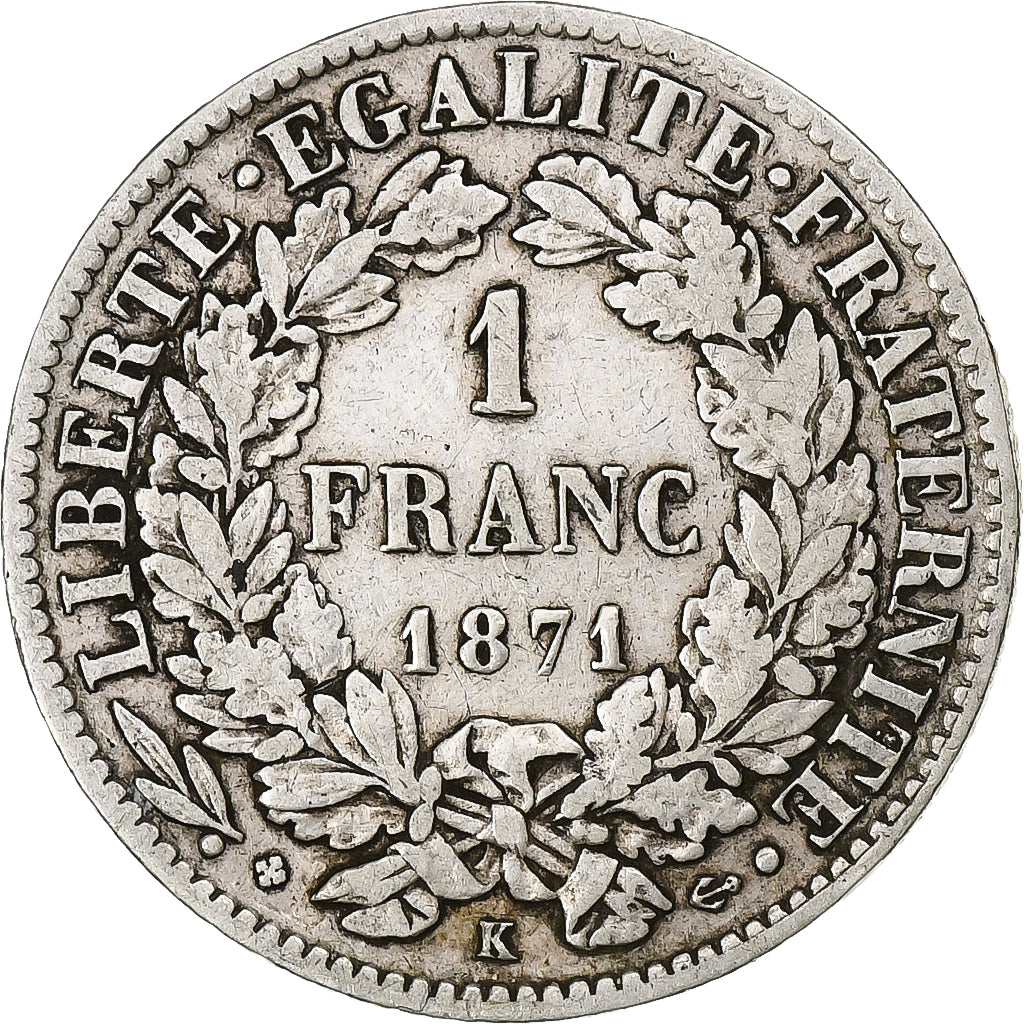 Francja, Franc, Cérès, 1871, Bordeaux, Srebro, EF(40-45), Gadoury:465, Le