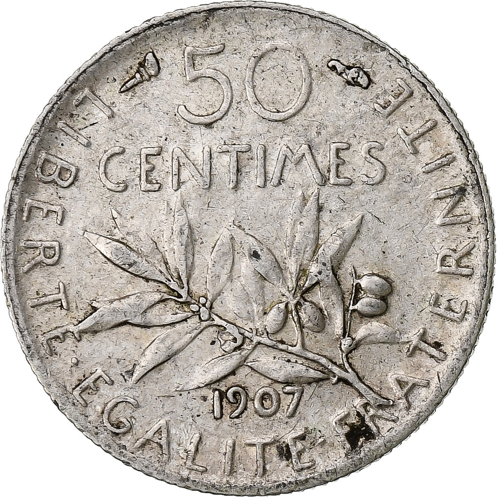 Francia, 50 Centimes, Semeuse, 1907, Paris, Plata, MBC+, Gadoury:420, Le