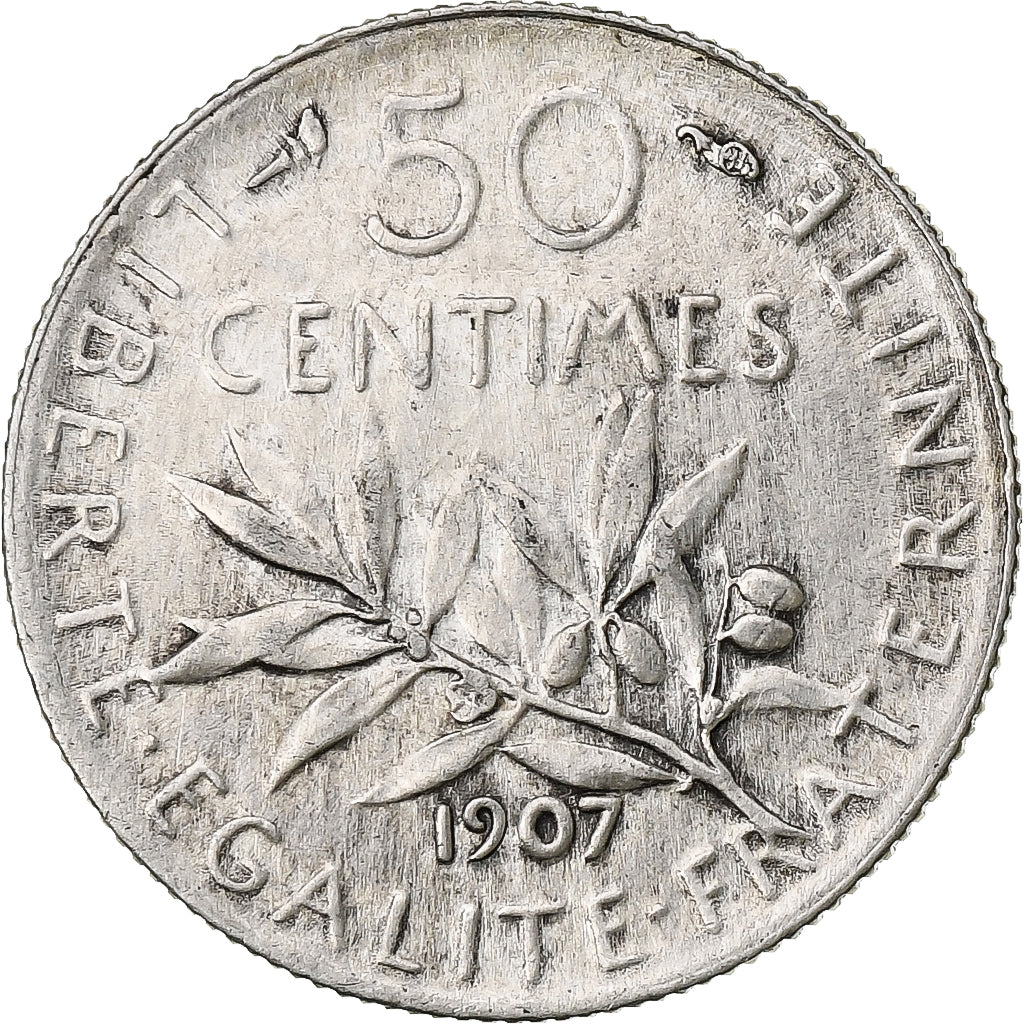 Francja, 50 Centimes, Semeuse, 1907, Paris, Srebro, AU(55-58), Gadoury:420, Le