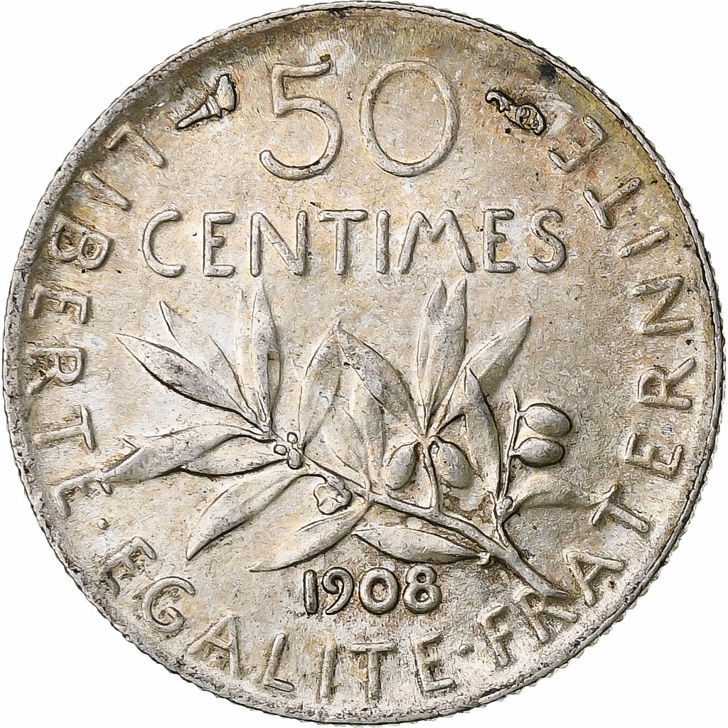 France, 50 Centimes, Semeuse, 1908, Silver, AU(55-58), Gadoury:420, KM:854