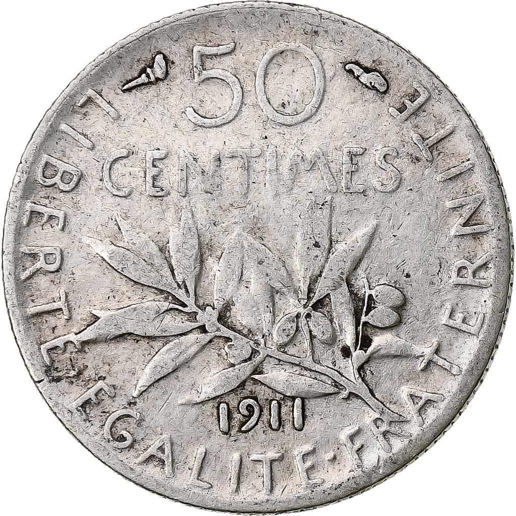 Francia, 50 Centimes, Semeuse, 1911, Paris, Plata, BC+, Gadoury:420, Le