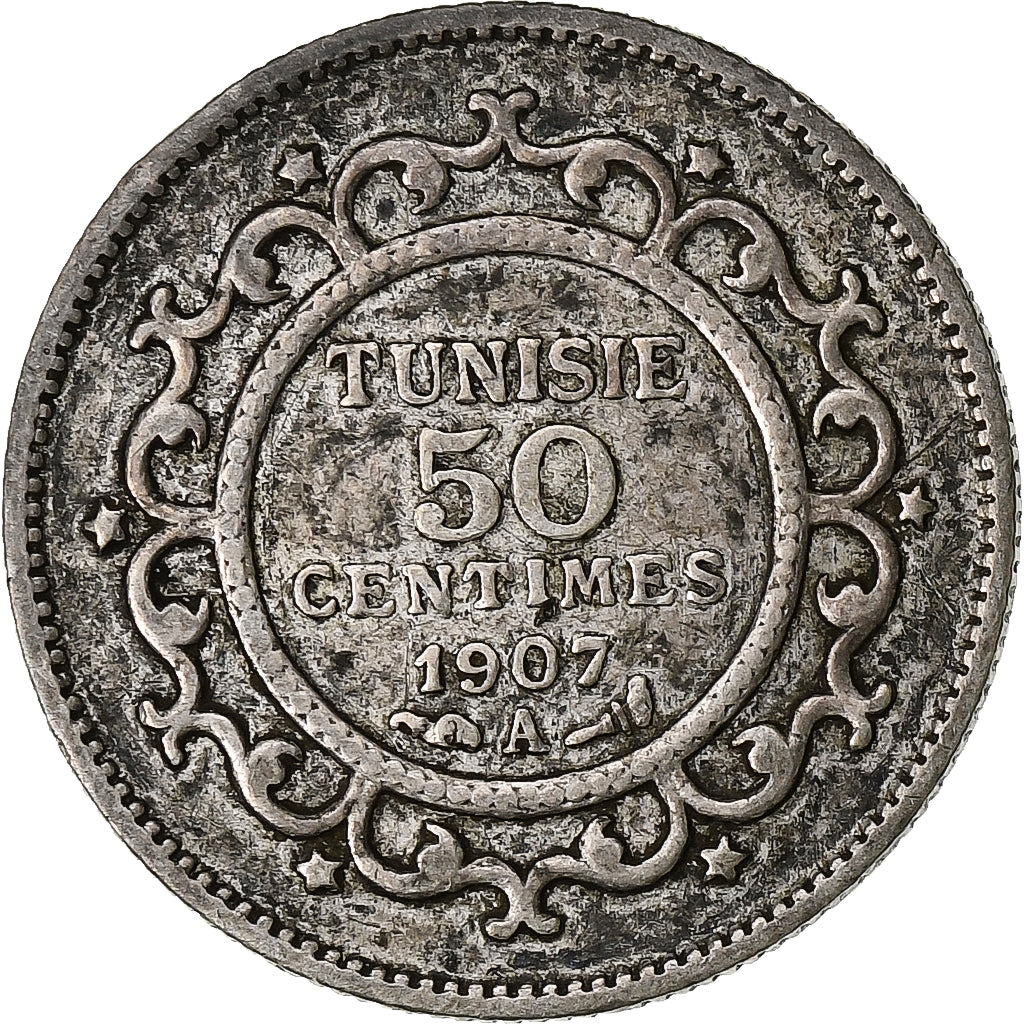 Tunisia, Muhammad al-Nasir Bey, 50 Centimes, 1907, Paris, Silver, AU(55-58)