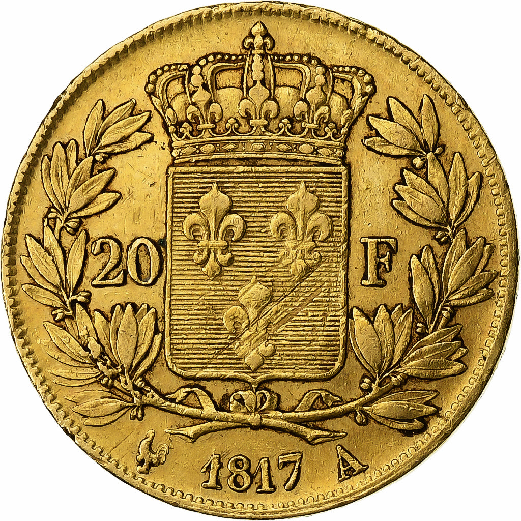 France, Louis XVIII, 20 Francs, 1817, Paris, error lamination, Or, TTB