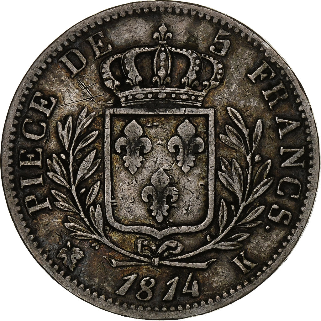 France, Louis XVIII, 5 Francs, Louis XVIII, 1814, Bordeaux, Silver, VF(20-25)