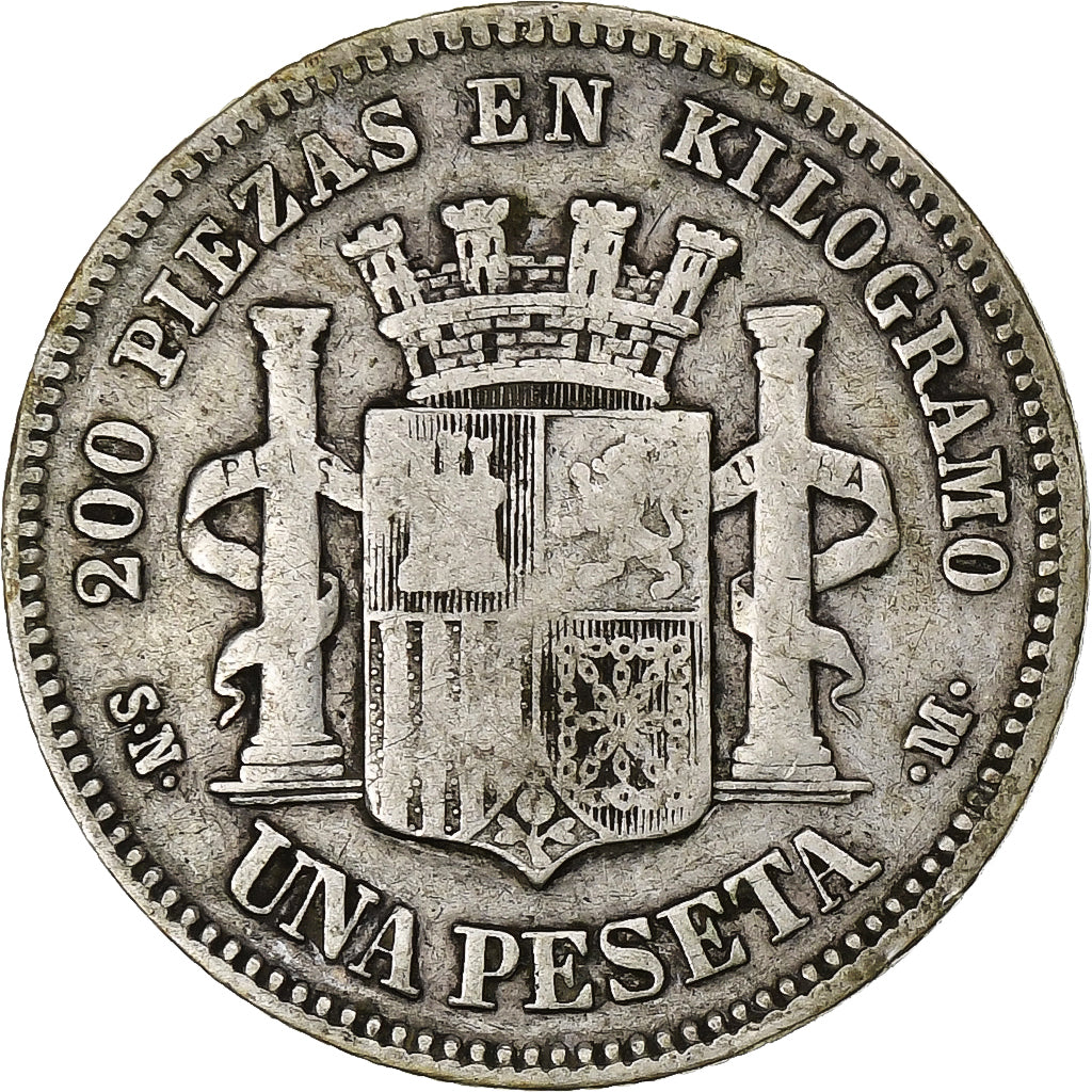 Hiszpania, Provisional Government, Peseta, 1870, Madrid, Srebro, VF(20-25)