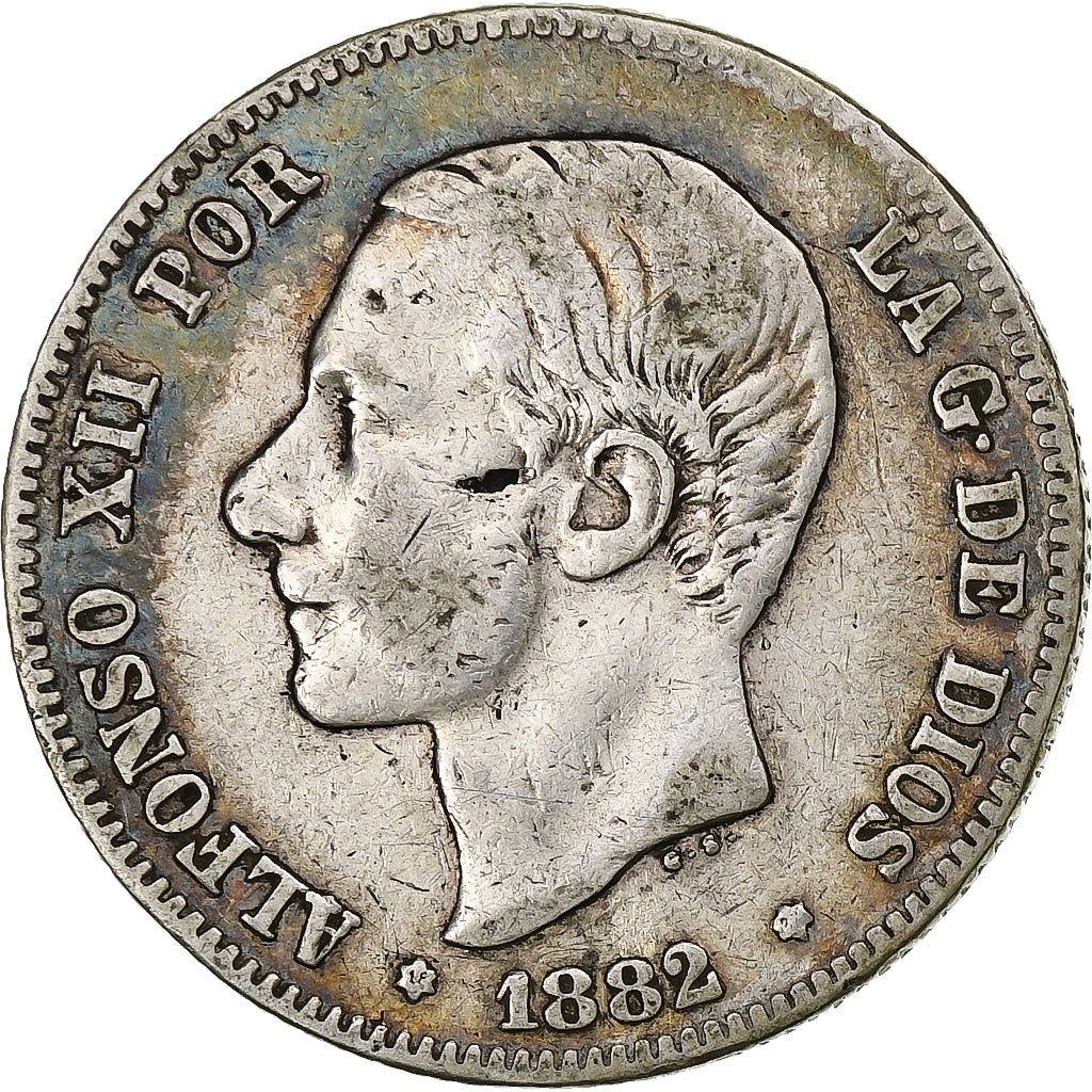 Spanien, Alfonso XII, 2 Pesetas, 1882, Madrid, Silber, S+, KM:678.2
