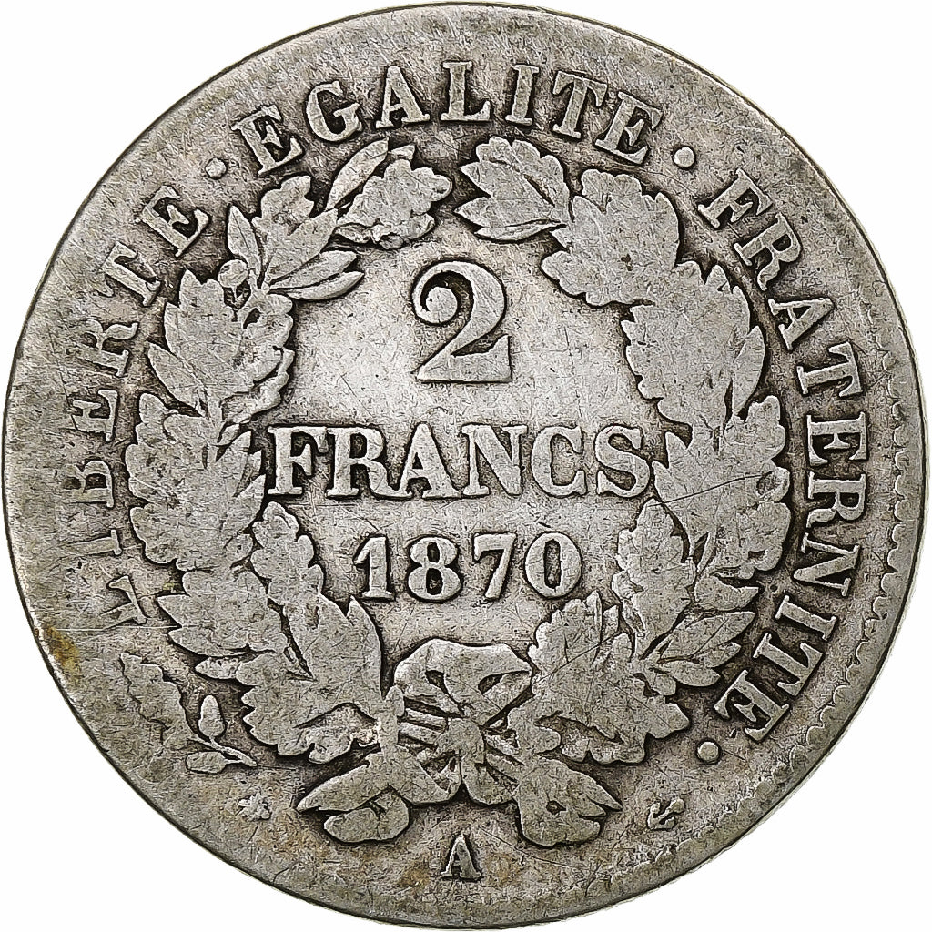 Francia, 2 Francs, Cérès, 1870, Paris, Plata, BC, Gadoury:530, Le Franc:F.264