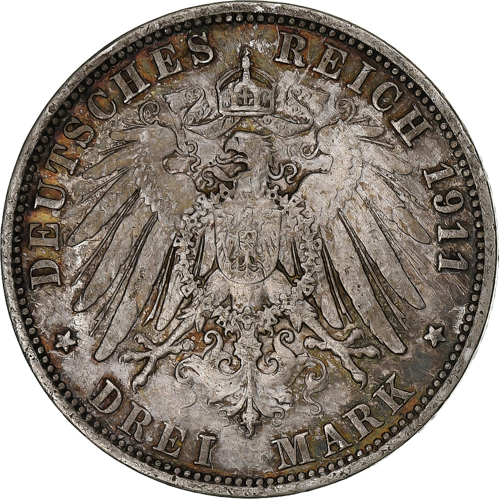German States, PRUSSIA, Wilhelm II, 3 Mark, 1911, Berlin, Silver, EF(40-45)