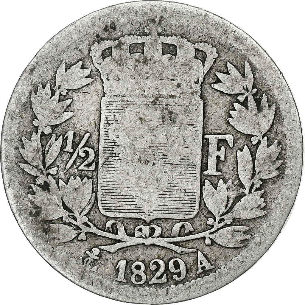 Francia, 1/2 Franc, Charles X, 1829, Paris, Plata, BC, Gadoury:402, KM:723.1