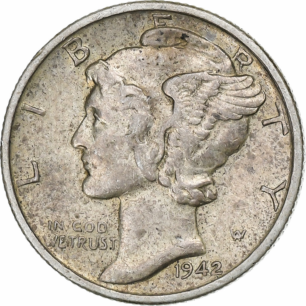 Stati Uniti, Dime, Mercury Dime, 1942, U.S. Mint, Argento, BB+, KM:140