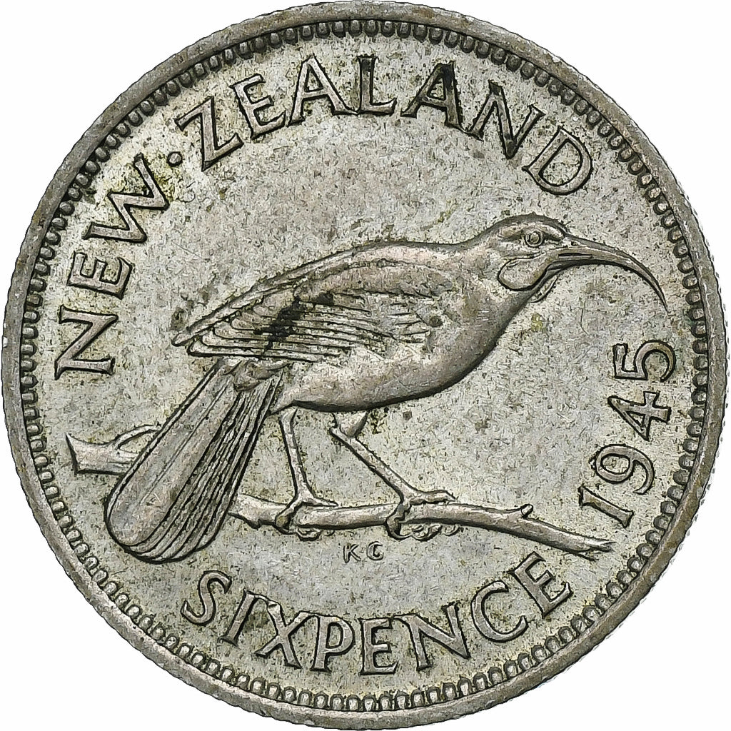 Nova Zelândia, George VI, 6 Pence, 1945, London, Prata, EF(40-45), KM:8
