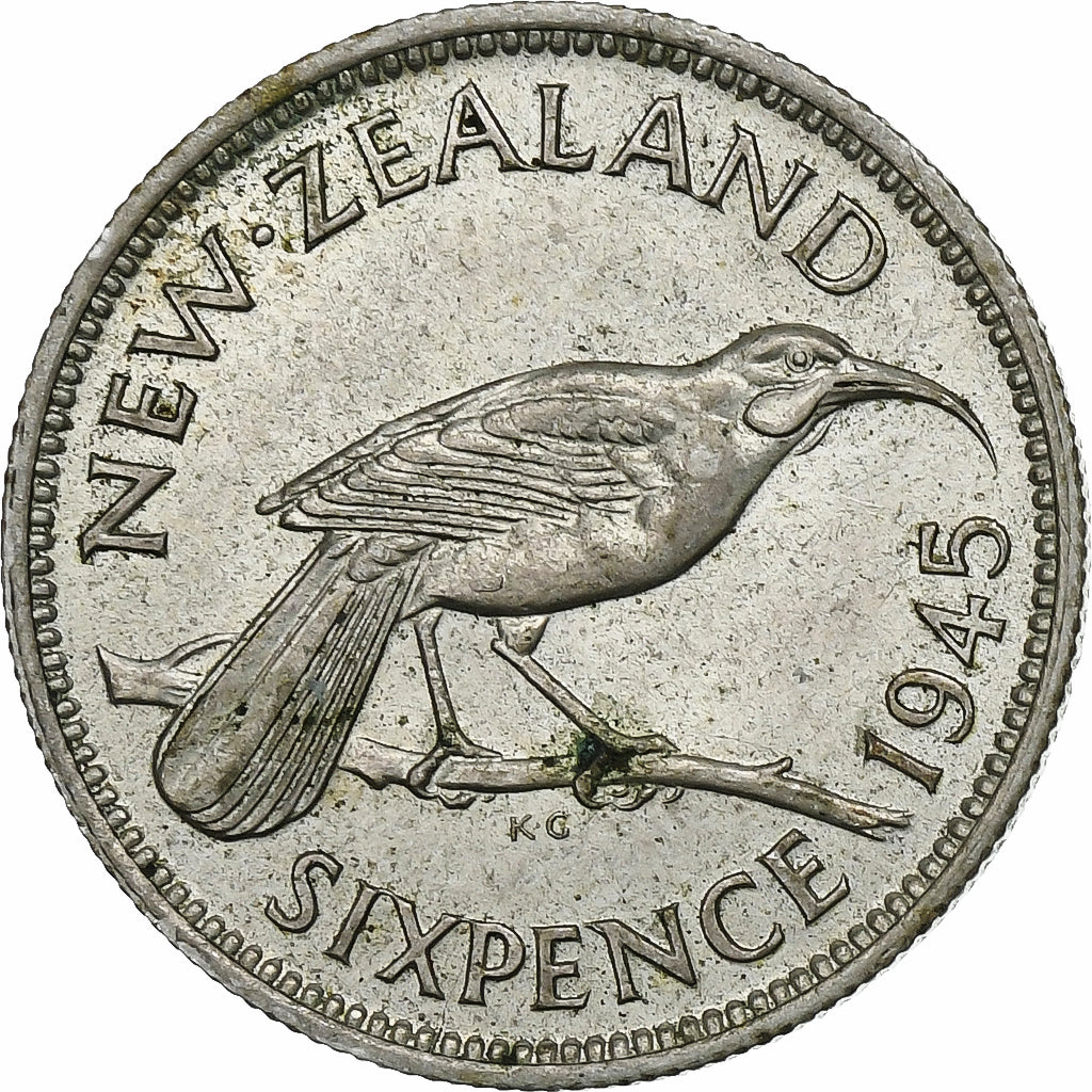 Nueva Zelanda, George VI, 6 Pence, 1945, London, Plata, MBC+, KM:8