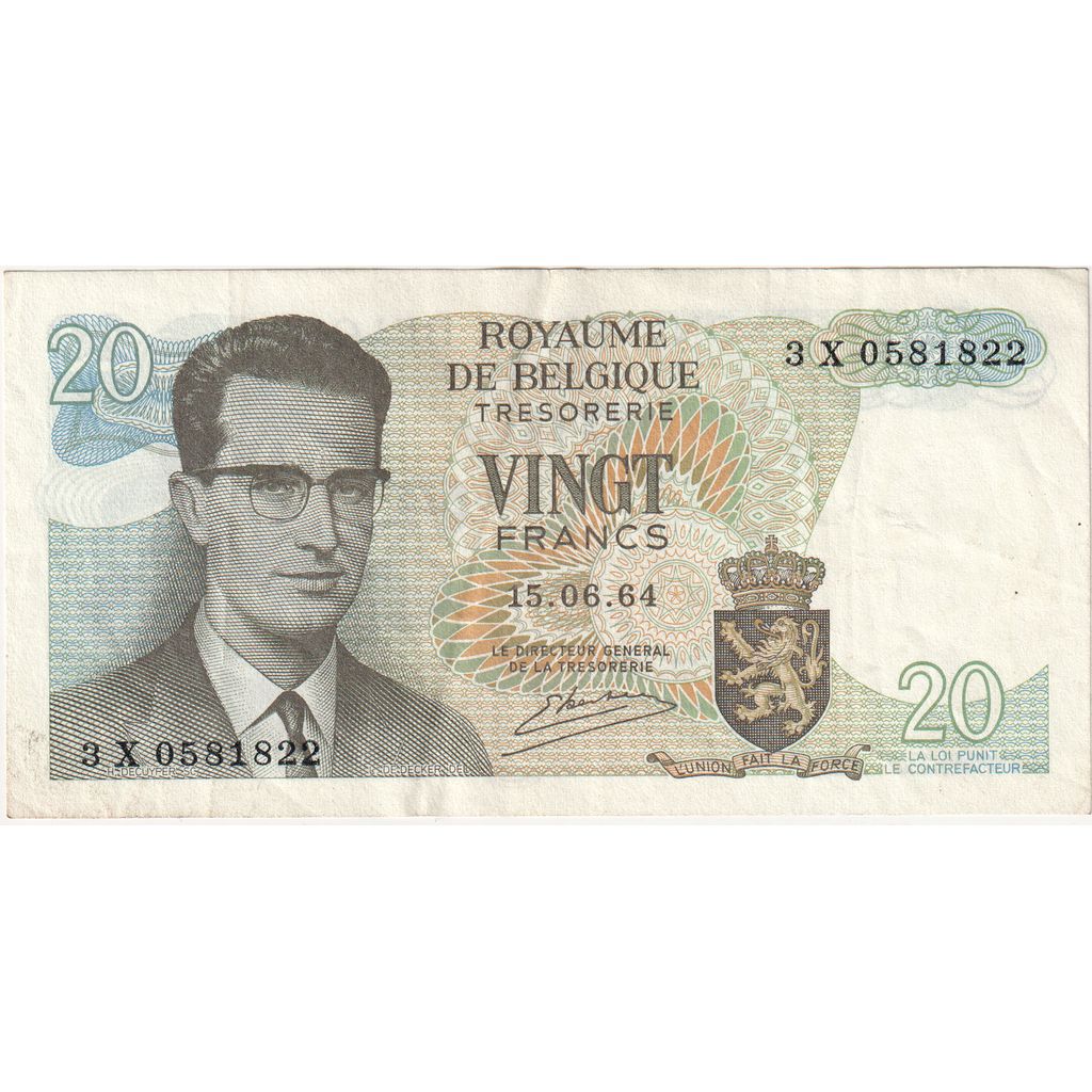 Belgio, 20 Francs, 1964-06-15, MB+
