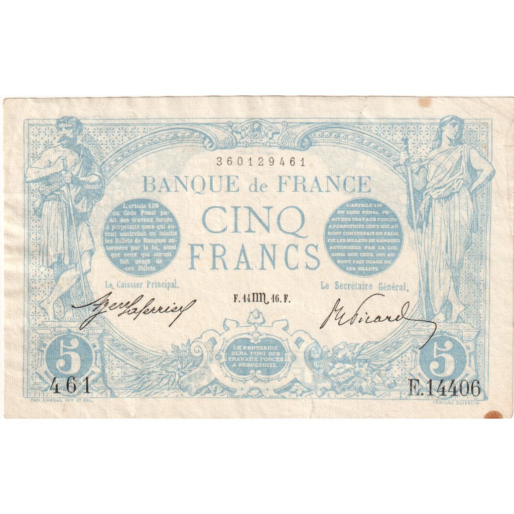 França, 5 Francs, Bleu, 1916-08-14, E.14406, EF(40-45)