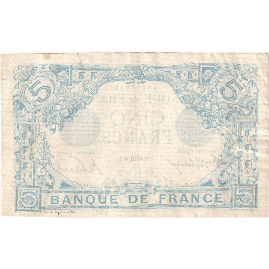 França, 5 Francs, Bleu, 1916-08-14, E.14406, EF(40-45)