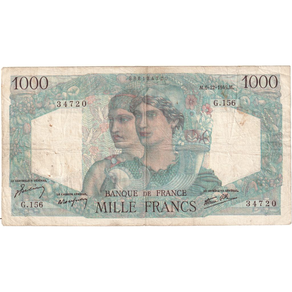 França, 1000 Francs, Minerve et Hercule, 1945-12-06, G.156, VF(20-25)