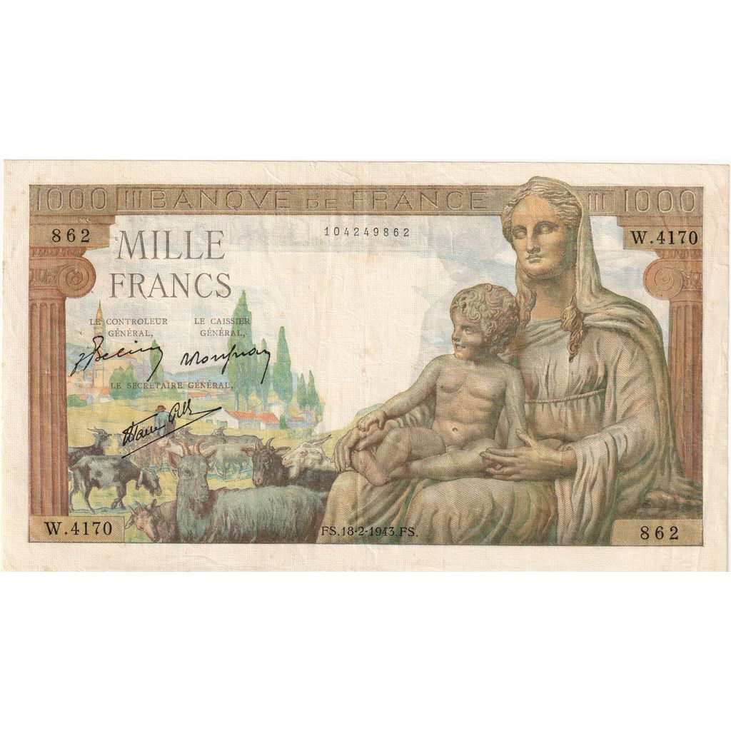 France, 1000 Francs, Déesse Déméter, 1943-02-18, W.4170, EF(40-45)