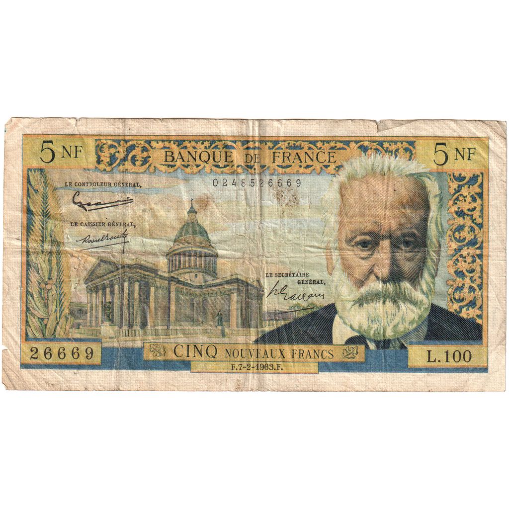 France, 5 Nouveaux Francs, Victor Hugo, 1963-02-07, L.100, VF(20-25)