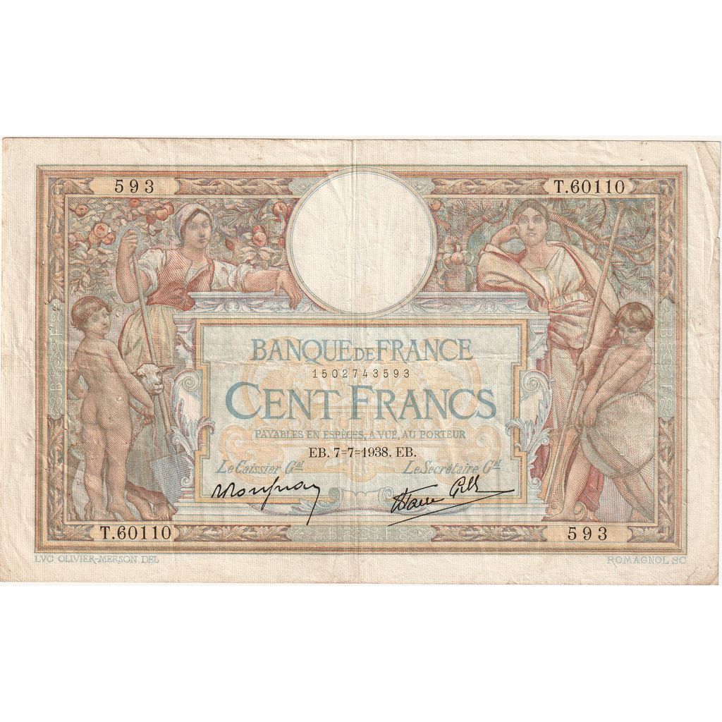 Francja, 100 Francs, Luc Olivier Merson, 1938-07-07, T.60110, VF(20-25)