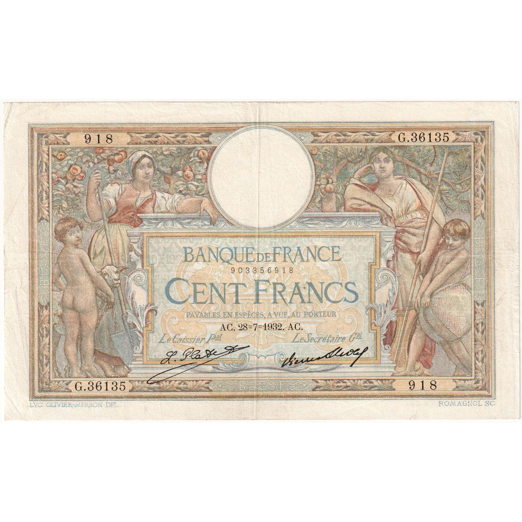 France, 100 Francs, Luc Olivier Merson, 1932-07-28, G.36135, VF(30-35)