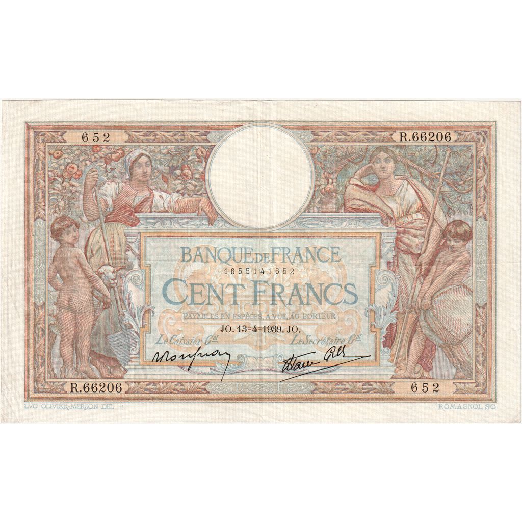 France, 100 Francs, Luc Olivier Merson, 1939-04-13, R.66206, VF(30-35)