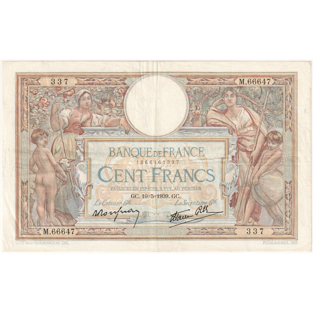 Francia, 100 Francs, Luc Olivier Merson, 1939-05-19, M.66647, BC+