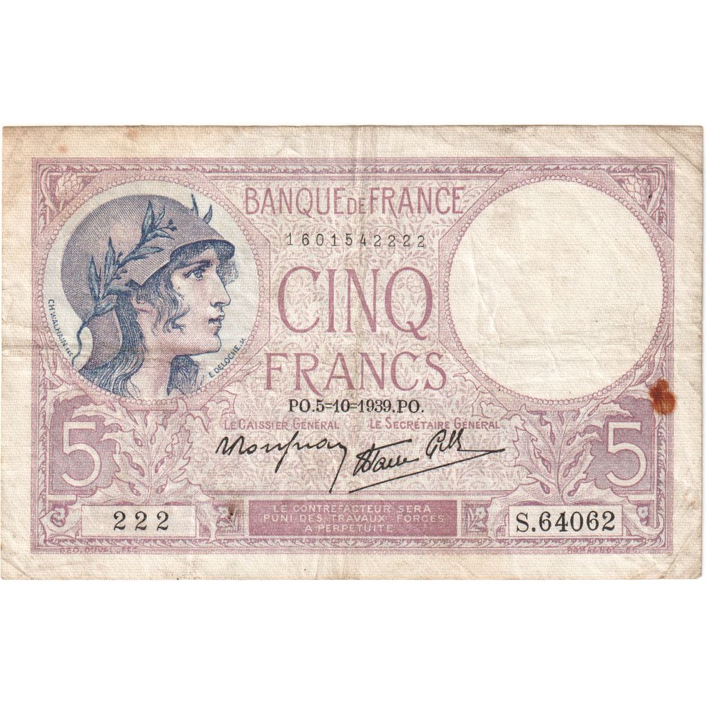 France, 5 Francs, Violet, 1939-10-05, S.64062, B+
