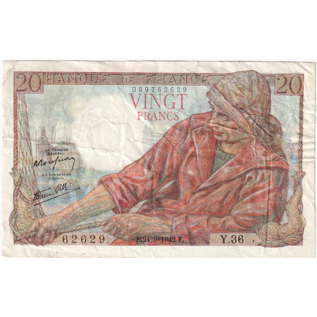 Francia, 20 Francs, Pêcheur, 1942-09-24, Y.36, MB