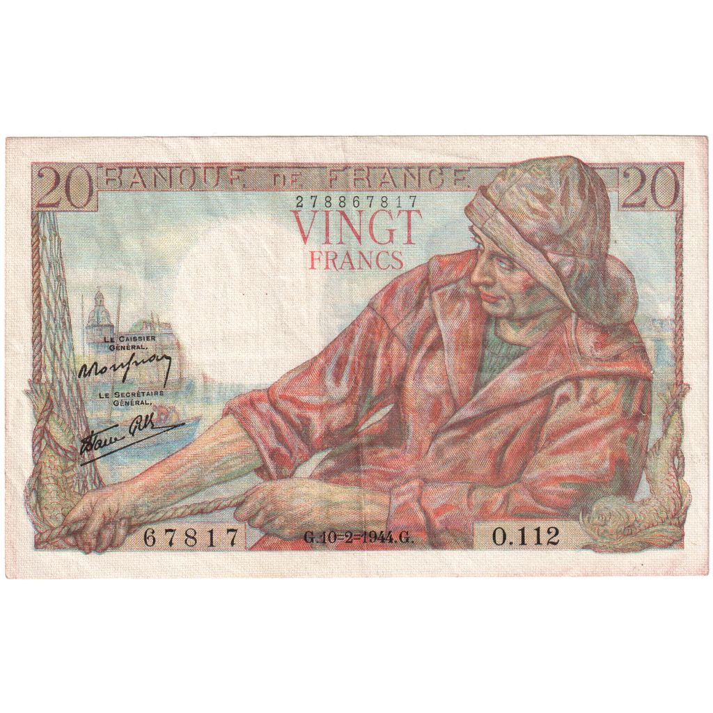 France, 20 Francs, Pêcheur, 1944-02-10, O.112, VF(30-35)