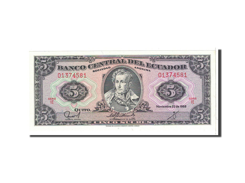 Banknote, Ecuador, 5 Sucres, 1988, 1988-11-22, KM:113d, UNC(65-70)