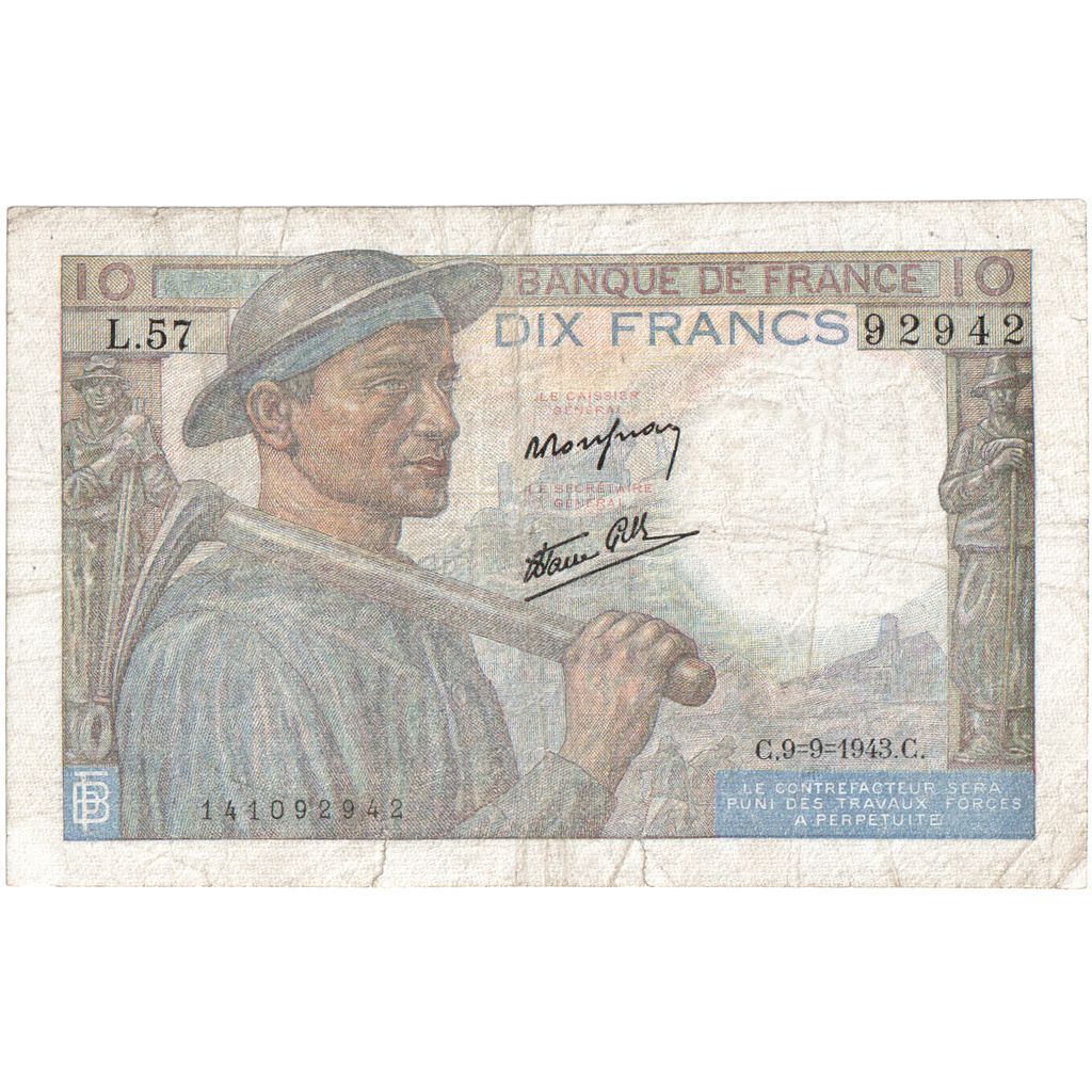 France, 10 Francs, Mineur, 1943-09-09, L.57, B