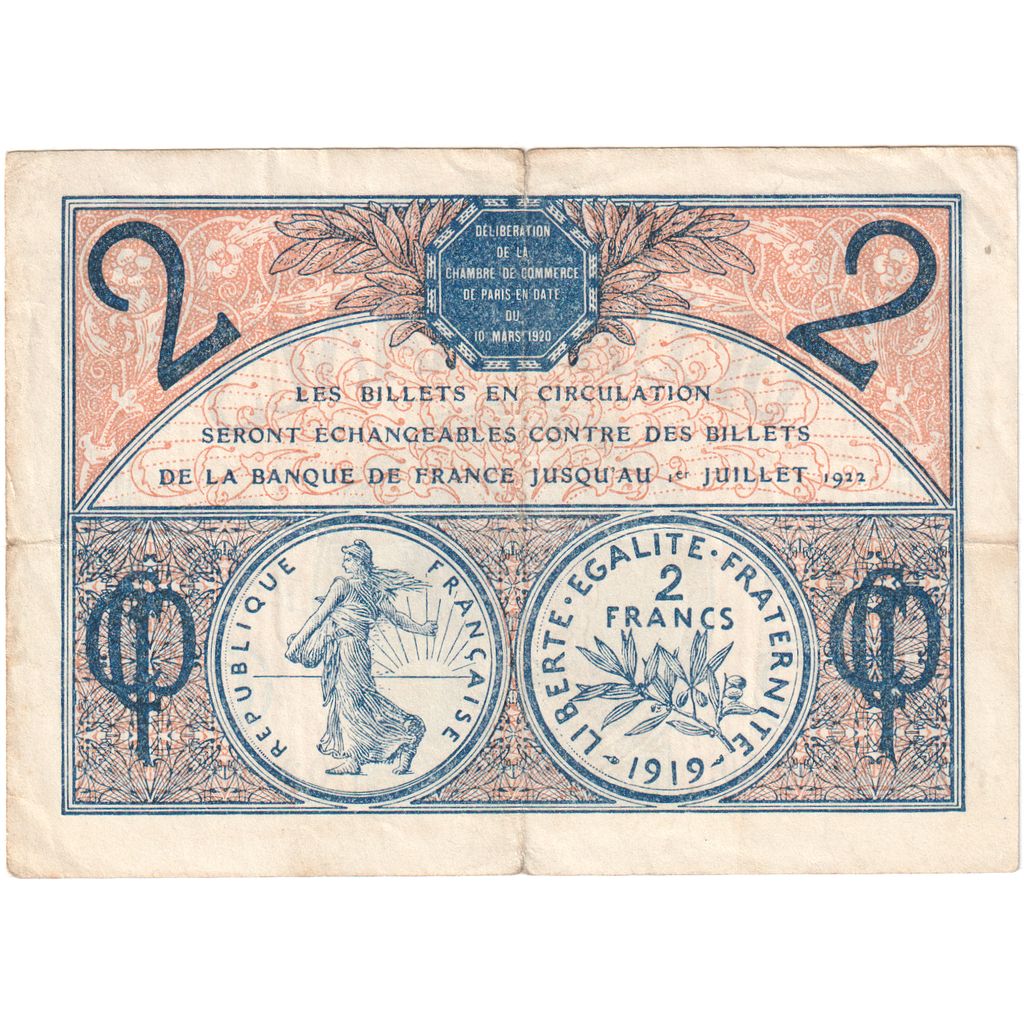 France, Paris, 2 Francs, 1920-03-10, A.50, VF(20-25)