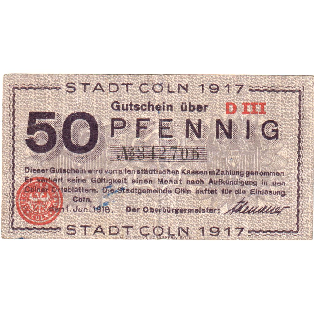 Niemcy, COLOGNE, Cologne, 50 Pfennig, 1918-06-01, EF(40-45)